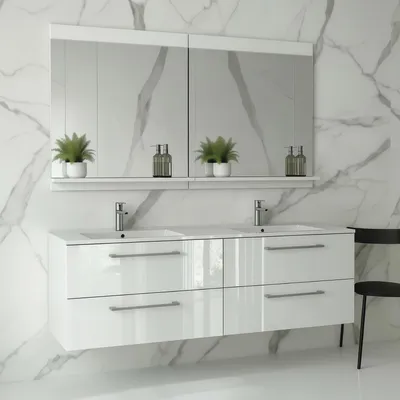 Produktbild von Waschtisch mit Unterschrank ONE 120 cm 4 Schubladen Weiß Hochglanz hängend Badmöbel Badezimmer
