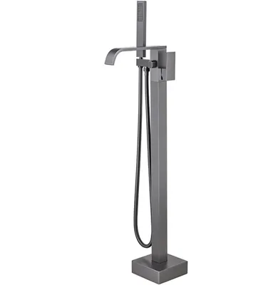 Produktbild von Freistehende Badezimmerarmatur in Schwarz mit 360° drehbarem Wasserfallauslauf und 59 Zoll Handbrause – stilvoll und funktional für Ihr Badezimmer.
