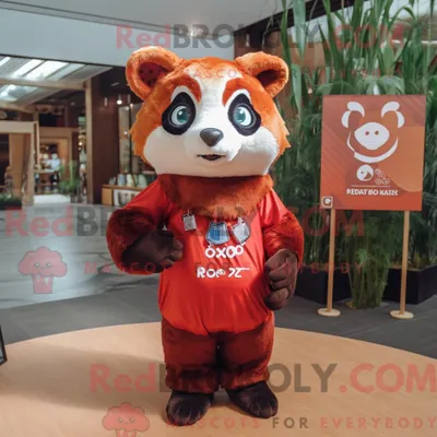 Produktbild von Rostroter REDBROKOLY Panda Maskottchen Kostüm Charakter bekleidet mit einem V-Ausschnitt T-Shirt und Haarnadeln