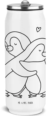 Produktbild von Mr. & Mrs. Panda Wasserflasche Pinguine Kuscheln - Weiß - Geschenk, Valentinstag, Jahrestag, für Partner, Thermosflasche, Trinkflasche, Edelstahlflasche, Hochzeitstag