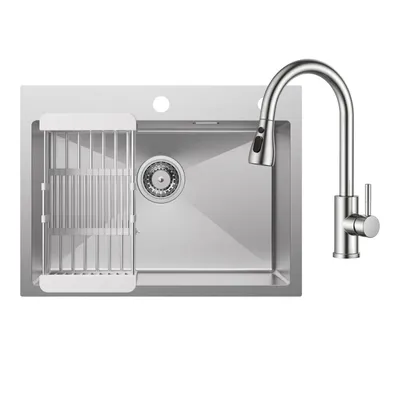 Produktbild von Edelstahlspüle 60x45 cm mit Armatur & Seifenspender, gebürstete Küchenspüle, Spülbecken Set mit Abtropfkorb, 304 Edelstahl, Einbauspüle, Cecipa MAX