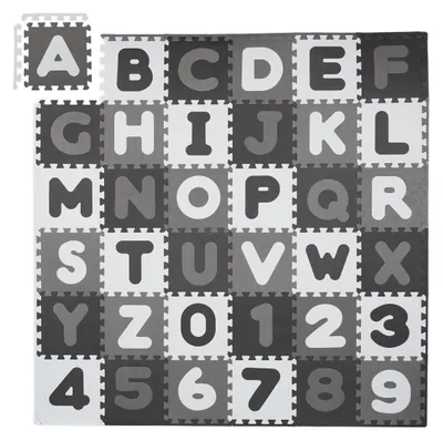 Produktbild von Relaxdays Puzzlematte ABC und Zahlen, 60 Teile, Spielmatte Kinder, BxT: 172x172 cm, unbedenklich, Schaumstoff, weiß-grau