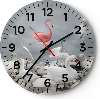 Produktbild von Wanduhr - Rund - Glasuhr - Flamingo Schwan Fantasie - 40x40cm - Schleichendes Uhrwerk - Lautlos - zum Aufhängen bereit - Dekoration Modern - Wanddekoration aus Glas - C4AR40x40-4929