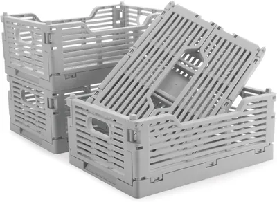 Obrázok produktu pre Úložné boxy skladacie, stohovateľné, 4 kusy, plastové košíky, 22x15x9 cm, do domácnosti, sivé