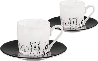 Produktbild von tea4chill Könitz Espresso Tassen Set Funny Dogs. 2 Kaffeetassen 65ml aus Porzellan. Espressotassen modern, schwarz-weiß