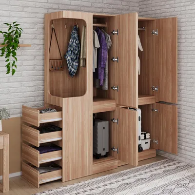 Produktbild von Flieks Kleiderschrank-Set mit Schubladen und Staufächern, Eckkleiderschrank Garderobe 2er mit Kleiderstange, 140x40x170cm, Naturbelassen