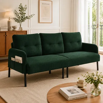 Produktbild von Cord 3-Sitzer Sofa Couch mit Kissen Dreisitzer Seitentasche Metallfüße Polstersofa Wohnzimmercouch Moderne Sofagarnitur Wohnlandschaft Schwarz