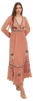 Produktbild von Maya Deluxe Women's Midaxi Dress Ladies V-Neck Blouson Long Sleeve Floral Embroi
