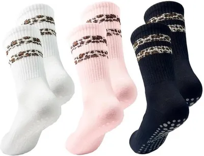 Pilates Socken Antirutsch Damen - 3 Paar - Leopardenmuster - Stopper-Socken - Reformer Pilates - Weiche Baumwolle 30 x 8 cm