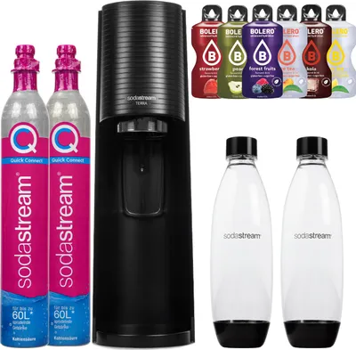 Immagine prodotto di SodaStream Terra, macchina per acqua frizzante nera 2 bottiglie 2 cilindri 6 sciroppi
