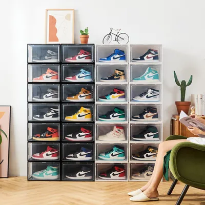 Produktbild von CRELIV - Schuhbox (4 Stück, weiß), hochwertige Schuhkiste, Schuhbox stapelbar, idealer Ersatz von Schuhschrank, Stapelbox mit magnetischer Seitenöffnung für Garderobe, Magnetische transparente Tür, für Schuhe bis Größe 48