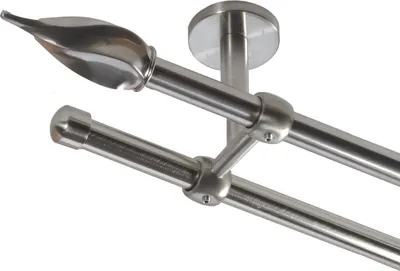 Produktbild von Gardinenstange Set Edelstahl Look Metall Ø 16mm Deckenbefestigung 2-lauf Spitze gedreht, Länge wählbar D21 E14 E17