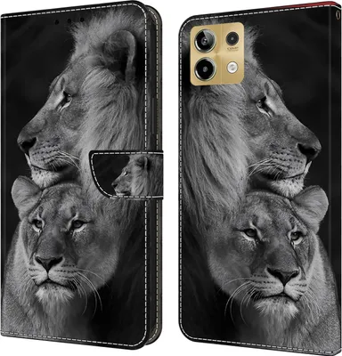 Produktbild von CLM-Tech Handyhülle kompatibel mit Xiaomi Redmi Note 13 5G Hülle - Tasche aus Kunstleder - Klapphülle mit Ständer und Kartenfächern - Schutzhülle Wallet Case Cover Löwe in schwarz grau