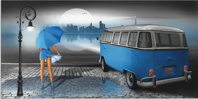 Produktbild von ARTland Wandbild Alu für Innen & Outdoor Regennacht in Blau mit Camper T1 Größe: 60x30 cm