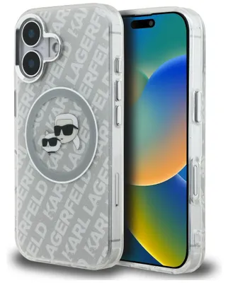 Immagine prodotto di Custodia Karl Lagerfeld IML Glitter, con motivo "Karl & Choupette", logo, compatibile con MagSafe, per iPhone 16, colore grigio