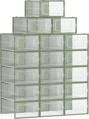 Produktbild von Famanu Schuhboxen Set von 18 - Transparent, faltbar und stapelbar, für Schuhe bis Größe 44, lauriergrün