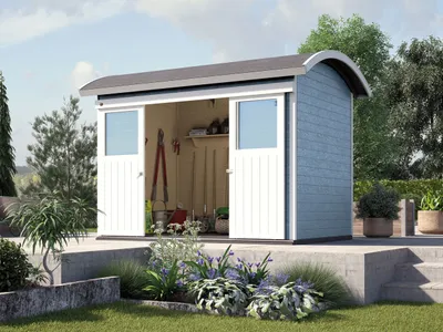Produktbild von WEKA 228.3021.15401 Gartenhaus/Blockbohlenhaus Ronda  mit Schiebetüren/Doppeltür ; Farbgebung: Grau ; Wandstärke: 21 mm ; Maße (LxBxH): 295 cm x 209 cm x 248 cm ; Seitenwandhöhe: 217 cm