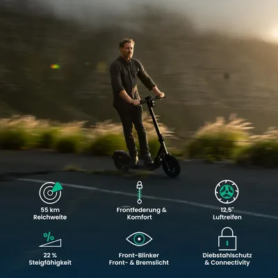 Produktbild von EGRET E-Scooter mit Straßenzulassung (ABE), 55 km Reichweite, 12,5" Offroad Luftreifen, Federung, Scheibenbremsen, Blinker, App – X core