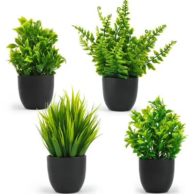 Image de Plantes artificielles, lot de 4, petites plantes artificielles, plantes en plastique d'aspect réaliste avec pots, pour la maison, le balcon, le bureau, la chambre à coucher, le bureau, la décoration de cuisine