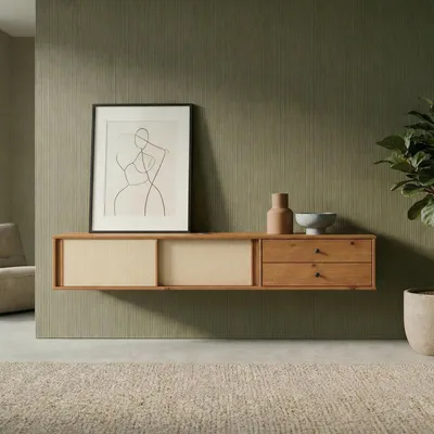 Produktbild von Lowboard SIMONA 175 cm hängend aus Massivholz, Eiche Finish - TV Hägekonsole mit Rattangeflecht und 2 Schiebetüren, Wohnzimmermöbel mit großzügigem Stauraum, Wandmontage Sideboard im Mid Century Style
