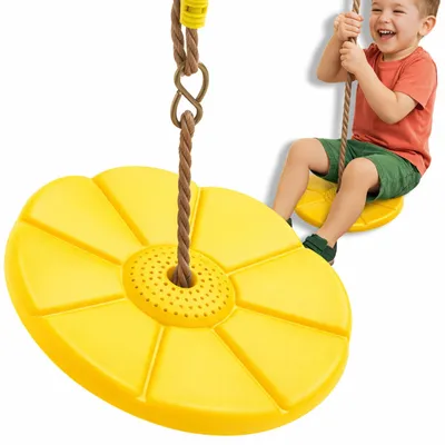 Obrázek produktu pro Dětská talířová houpačka disk závěsné sedátko žlutá nastavitelné lano 110 až 190 cm nosnost 75 kg zahrada i domů