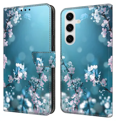 Produktbild von CLM-Tech Handyhülle kompatibel mit Samsung Galaxy S24 FE Hülle - Tasche aus Kunstleder - Klapphülle mit Ständer und Kartenfächern - Schutzhülle Wallet Case Cover Pflaumenblüte blau
