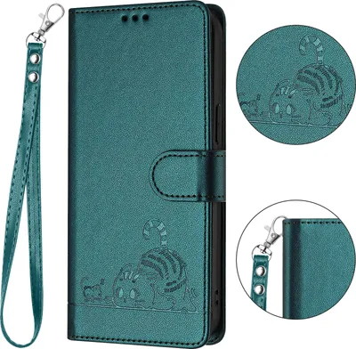 Produktbild von Leder Hülle für Motorola Moto G04/Moto G04s/Moto G24 Süße Katze Flip Case Brieftasche Schutzhülle mit Standfunktion Grün