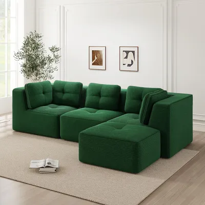 Produktbild von Cordstoff-L-förmiges Ecksofa mit Ottoman, rahmenlos, modulares Sofa, 297 x 177 x 69 cm, Grün