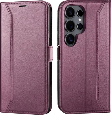 A flip case for a smartphone is shown in an open position, displaying the phone's camera array and the inside of the case.