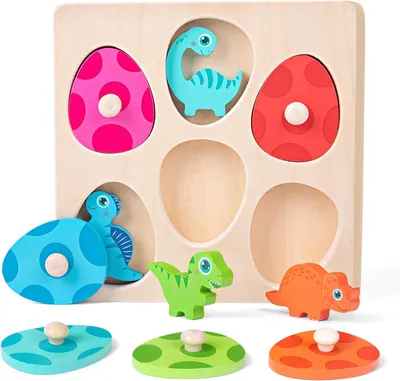 Produktbild von Montessori Spielzeug ab 1 Jahr, Holzpuzzle Dino Kinderspielzeug, Greifpuzzle Steckspiel Geschenk Junge und Mädchen 12-36 Monate, Holzspielzeug Baby