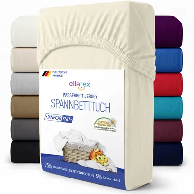 Produktbild von EllaTex Premium Spannbettlaken 180x200–200x220 Baumwolle-Elasthan 200 g/m² – Spannbetttuch 40 cm Steg, Boxspringbett & Wasserbett, Farbe: Creme