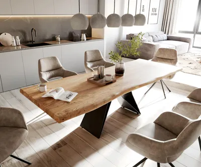 Produktbild von DELIFE Esstisch Edge 260x100 XL Akazie Natur V-Gestell Flachstahl Schwarz Live-Edge
