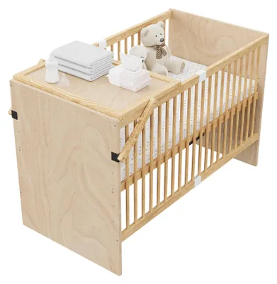 Produktbild von Multifunktionales Gitterbett 70 x 140 x 95 cm, Naturfarben, mit Ablage/Wickeltisch, 4-fach verstellbar, ohne Matratze