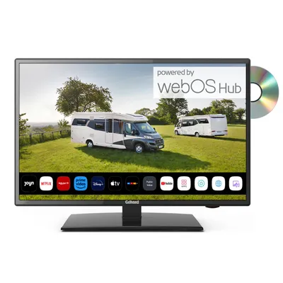 A smart TV displaying a scene with motorhomes and various app icons on the screen, with a CD in the upper right corner.