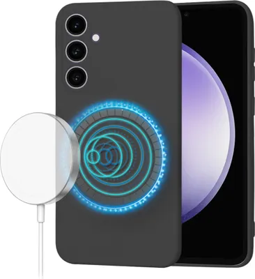 A black phone case with a MagSafe charger is shown against a white background.