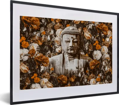 Produktbild von MuchoWow® MuchoWow® Gerahmtes Poster Buddha - Blumen - Orange 40x30 cm - Poster mit zchwarzem Bilderrahmen - Bilderrahmen - Poster im Rahmen