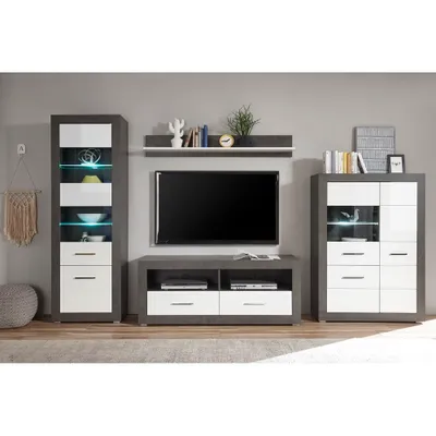 Produktbild von Wohnwand Set weiß Hochglanz ETON-61 mit Betonoptik dunkel inkl. LED-Beleuchtung B/H/T: 335/198/35-45cm