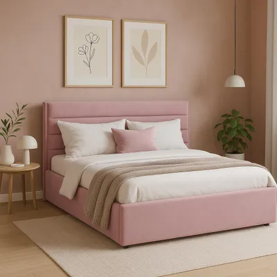 A pink upholstered bed with white bedding and a beige throw blanket is shown in a bedroom setting with pink walls and framed artwork.
