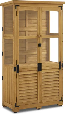 Produktbild von M MCombo Gartenschrank Holz, Gerätehaus Wetterfest Klein, Outdoor Gartenhaus Geräteschuppen für Außenbereich Terrasse Balkon, 0120D Natur