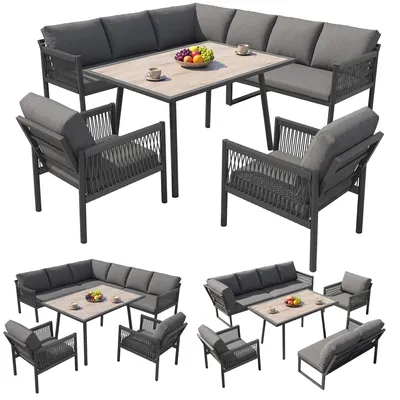 Produktbild von Gartenlounge Sitzgruppe 7-8 Personen L-Form, 6-tlg. Gartenmöbel Set inkl. Esstisch & 2 Sessel, Outdoor Ecksofa Grau, Witterungsbeständig Holzoptik-Glasplatte