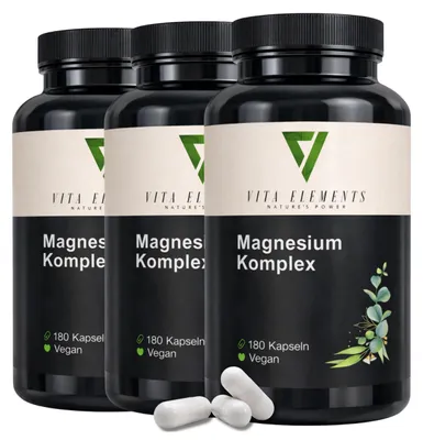 Produktbild von Vita Elements Magnesium Komplex 3er Set 180 Kapseln Bisglycinat Citrat Malat Nahrungsergänzungsmittel