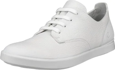 A white leather sneaker is shown against a white background.