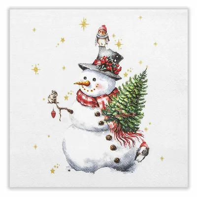 Weihnachtsservietten mit niedlichem Schneemann-Motiv: Ein verspielter Schneemann mit roter Mütze und kariertem Schal hält eine grüne Tanne, gekrönt von einem kleinen Pinguin, umgeben von goldenen Sternen auf cremefarbenem Untergrund.