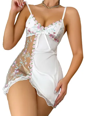 Immagine prodotto di Camicia da notte in raso elegante per donna, con motivo floreale e scollo a V