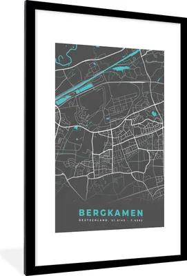 Produktbild von MuchoWow® Gerahmtes Poster Stadtplan - Deutschlandkarte - Blau - Bergkamen - Karte 60x90 cm - Poster mit Schwarzem Bilderrahmen Wandposter Rahmen Foto Bilder - Dekoration - Wandposter Wohnzimmer - Hochwertig
