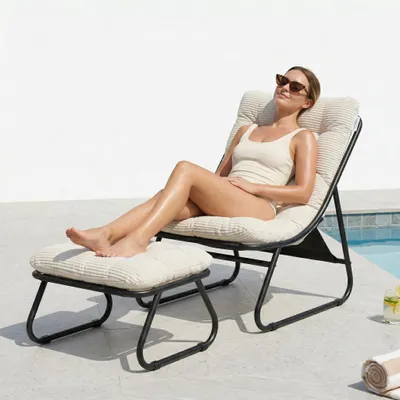 Produktbild von LVHOM Relaxsessel mit Hocker, Loungesessel Cordstoff für Wohnzimmer & Wintergarten, Moderner Lesesessel mit Metallgestell, Armlos, Weiß