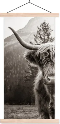 Produktbild von MuchoWow® Textilposter Scottish Hochlandrind - Stier - Schwarz - Weiß 40x80 cm mit holzfarbenen Rahmen - Wohnzimmer