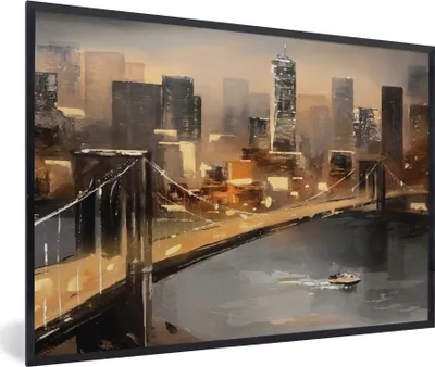 Produktbild von MuchoWow® Gerahmtes Poster Gemälde - Öl - Skyline - Stadt - Wasser 90x60 cm - Poster mit Schwarzem Bilderrahmen Wandposter Rahmen Foto Bilder - Fotorahmen - Foto-Plakat
