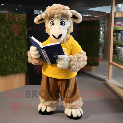 Produktbild von Goldenes REDBROKOLY Suffolk-Schaf Maskottchen kostüm gekleidet in eine Chinohose und eine Lesebrille