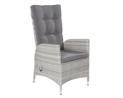 A single outdoor chair with gray cushions.